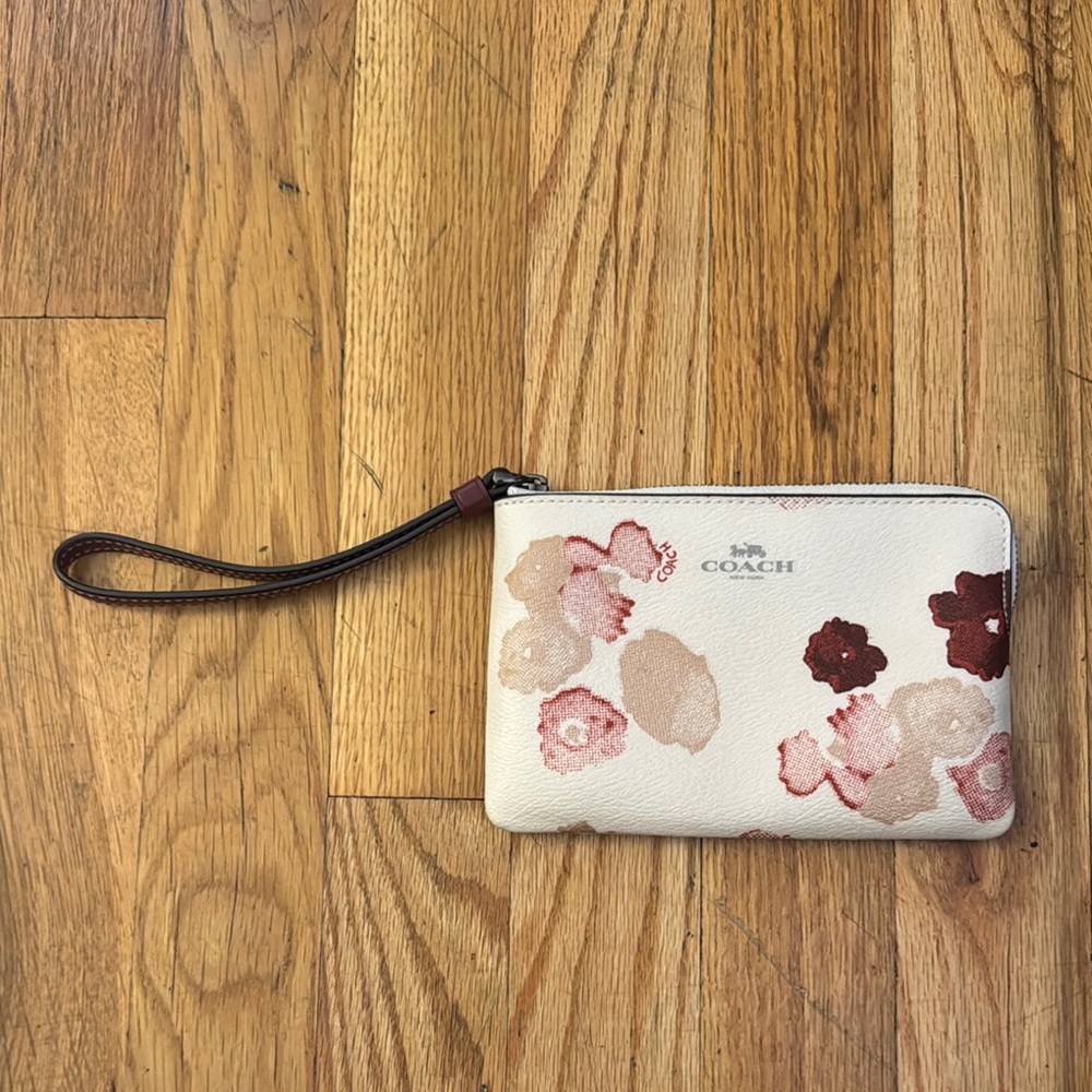 Coach Cream and Brown Floral Clutch Wristlet